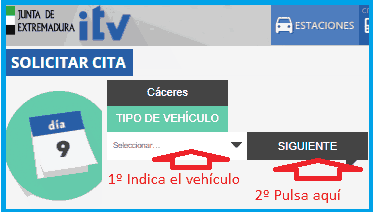 Seleccionar tipo vehículo para la cita previa ITV Extremadura