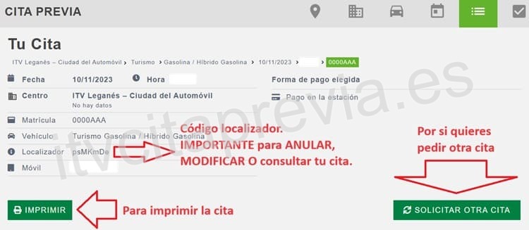 confirmación cita previa Dekra ITV reservada