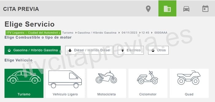 Elegir tipo vehículo para cita ITV Dekra