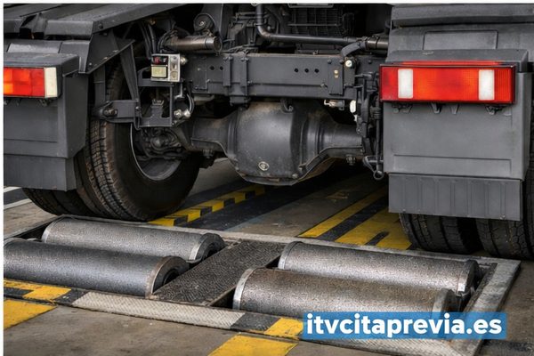 Camión pesado realizando prueba de frenado en frenómetro de rodillos durante la inspección ITV